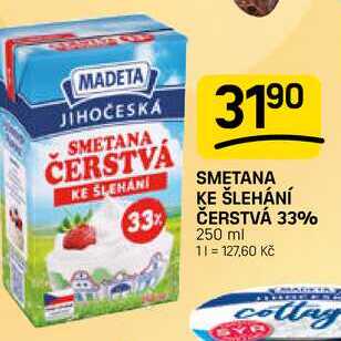 SMETANA KE ŠLEHÁNÍ ČERSTVÁ 33% 250 ml 