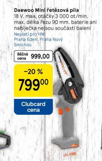 Daewoo Mini řetězová pila, 18 V. max. otáčky 3 000 ot/min. max. délka řezu 90 mm, baterie ani nabíječka nejsou součástí balení  