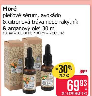 Floré pleťové sérum, avokádo & citronová tráva nebo rakytník & arganový olej 30 ml 