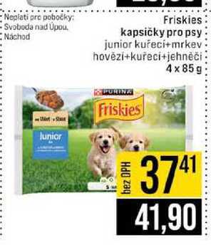 Friskies kapsičky pro psy junior kuřecí+mrkev : hovězí+kuřecí+jehněči 4x85g 