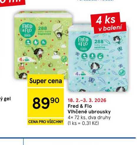 Fred & Flo Vlhčené ubrousky, 4x 72 ks