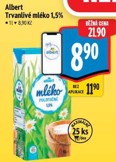 Albert Trvanlivé mléko 1,5%, 1 l