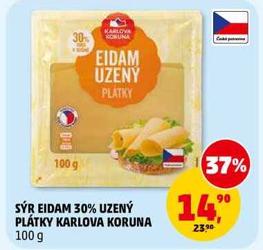 SÝR EIDAM 30% UZENÝ PLÁTKY KARLOVA KORUNA, 100 g 