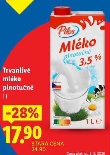 Trvanlivé mléko plnotučné, 1 l v akci