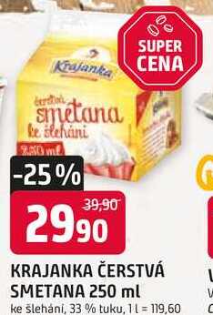 KRAJANKA ČERSTVÁ SMETANA 250 ml ke šlehání, 33 % tuku