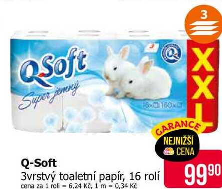 Q-Soft 3vrstvý toaletní papír, 16 rolí 