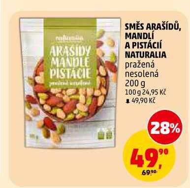 SMĚS ARAŠÍDŮ, MANDLÍ A PISTÁCIÍ NATURALIA pražená nesolená, 200 g