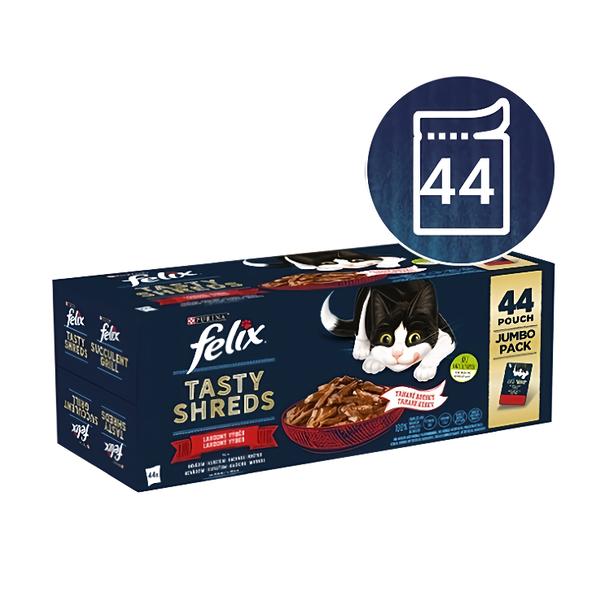 Felix Tasty Shreds kapsičky pro kočky hovězí, kuře, kachna, krůta ve šťávě 44x80g