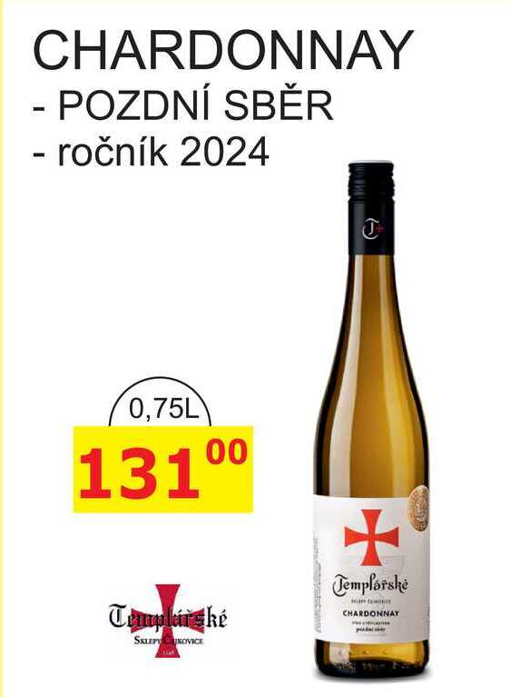 Templářské sklepy Čejkovice 0,75l CHARDONNAY, POZDNÍ SBĚR - ročník 2024 