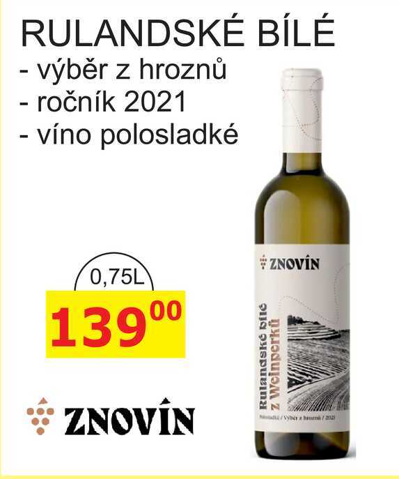 ZNOVÍN ZNOJMO 0,75L RULANDSKÉ BÍLÉ 2021 víno polosladké 
