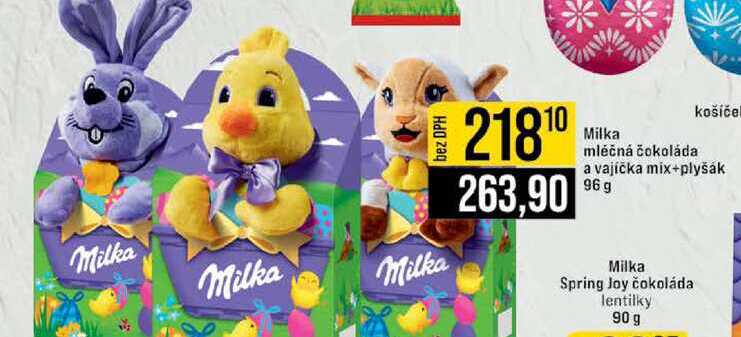 Milka mléčná čokoláda a vajíčka mix+plyšák 96 g 