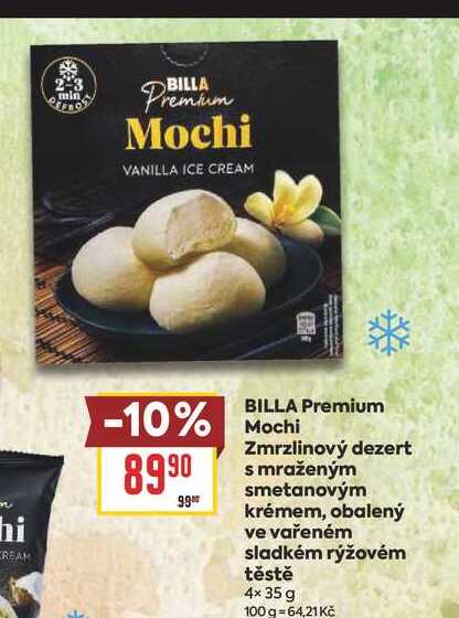 BILLA Premium Zmrzlinový dezert s mraženým smetanovým krémem, obalený ve vařeném sladkém rýžovém těstě 4x35 g