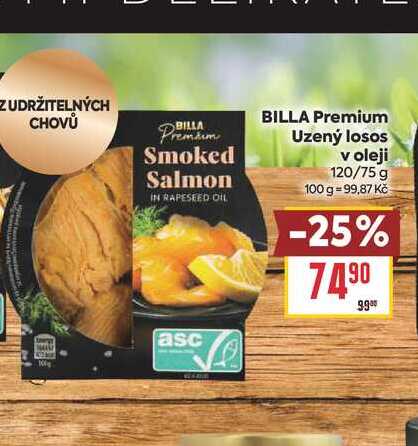 BILLA Premium Uzený losos v oleji 120/75 g 