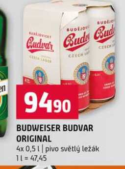 BUDWEISER BUDVAR ORIGINAL 4x 0,5l pivo světlý ležák