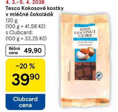 Tesco Kokosové kostky v mléčné čokoládě, 120 g 
