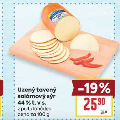 Uzený tavený salámový sýr 44% t. vs. z pultu lahůdek cena za 100 g 
