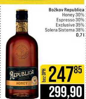 Božkov Republica Honey 30% Espresso 30% Exclusive 35% Solera Sistema 38% 0,7l