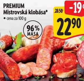 PREMIUM Mistrovská klobása, cena za 100 g