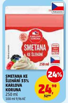 SMETANA KE ŠLEHÁNÍ 33% KARLOVA KORUNA, 250 ml 