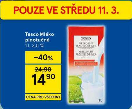 Tesco Mléko plnotučné 3,5 %, 1 l 