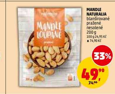 MANDLE NATURALIA blanšírované pražené nesolené, 200 g
