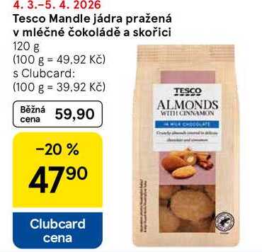 Tesco Mandle jádra pražená v mléčné čokoládě a skořici, 120 g 