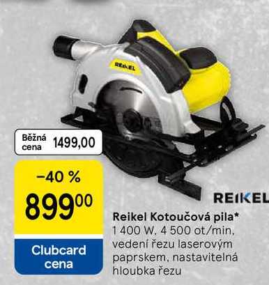Reikel Kotoučová pila, 1400 W. 4 500 ot/min, vedení řezu laserovým paprskem, nastavitelná hloubka řezu 