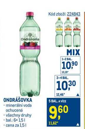 ONDRÁŠOVKA minerální voda ochucená všechny druhy bal 6× 1,5l cena za 1,5l