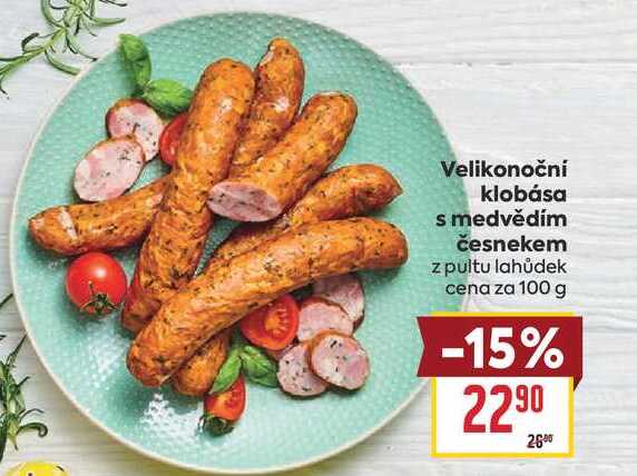 Velikonoční klobása s medvědím česnekem z pultu lahůdek cena za 100 g