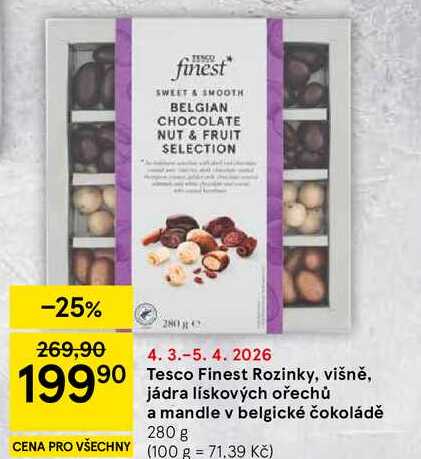 Tesco Finest Rozinky, višně, jádra lískových ořechů a mandle v belgické čokoládě, 280 g