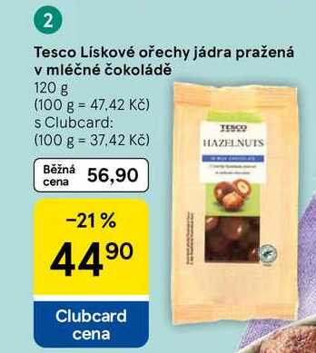 Tesco Lískové ořechy jádra pražená v mléčné čokoládě, 120 g  