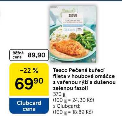 Tesco Pečená kuřecí fileta v houbové omáčce s vařenou rýží a dušenou zelenou fazolí, 370 g