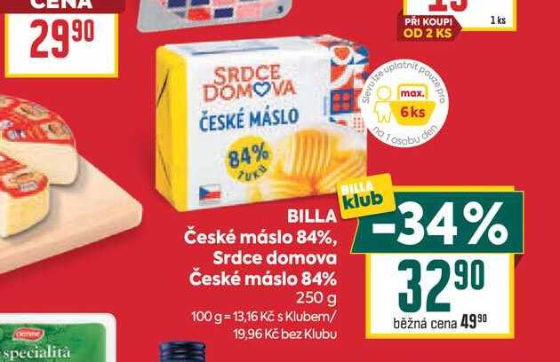 BILLA České máslo 84%, Srdce domova České máslo 84% 250 g 