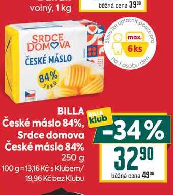 BILLA České máslo 84% Srdce domova České máslo 84% 250 g 
