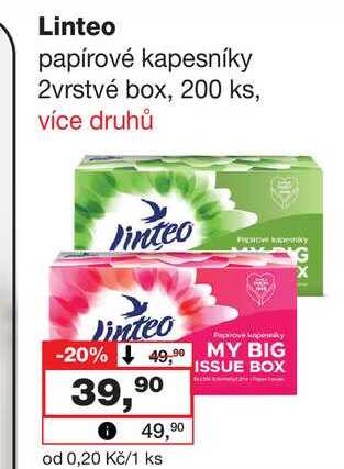 Linteo papírové kapesníky 2vrstvé box, 200 ks