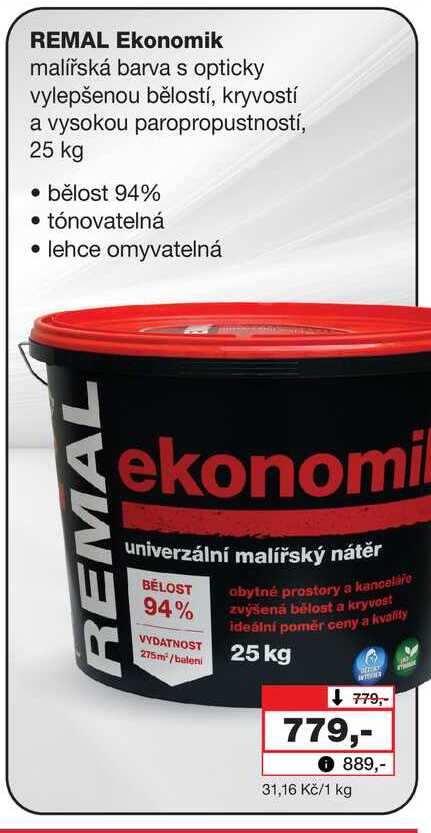 REMAL Ekonomik malířská barva s opticky vylepšenou bělostí, kryvostí a vysokou paropropustností, 25 kg