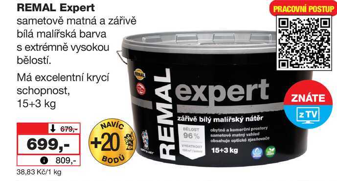 REMAL Expert sametově matná a zářivě bílá malířská barva s extrémně vysokou bělostí. Má excelentní krycí schopnost, 15+3 kg