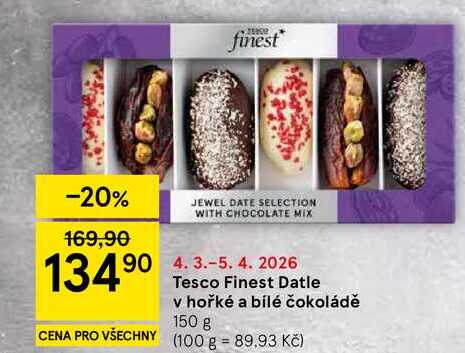 Tesco Finest Datle v hořké a bílé čokoládě, 150 g 