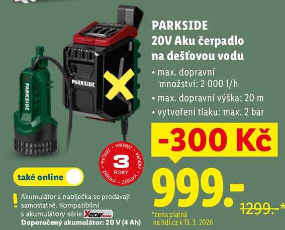 PARKSIDE 20V Aku čerpadlo na dešťovou vodu