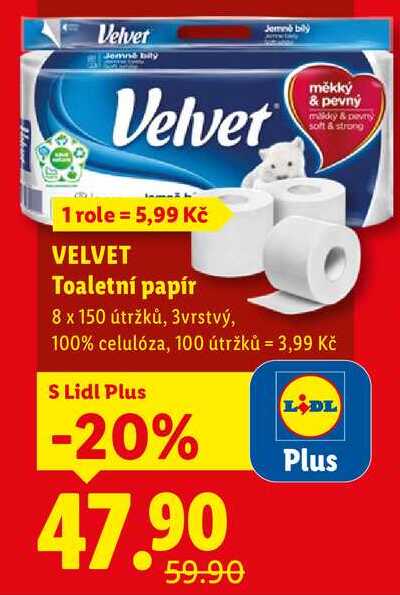 VELVET Toaletní papír, 8x 150 útržků