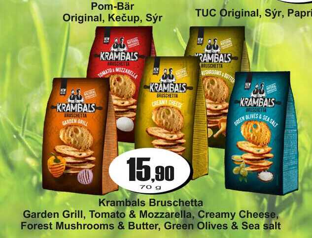 Krambals Bruschetta Garden Grill, Tomato & Mozzarella, Creamy Cheese, Forest Mushrooms & Butter, Green Olives & Sea salt 70g