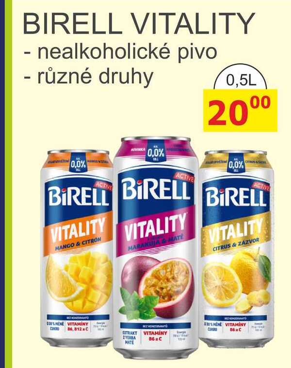 Birell Vitality s příchutí, nealkoholické (plechovka) 0.5l