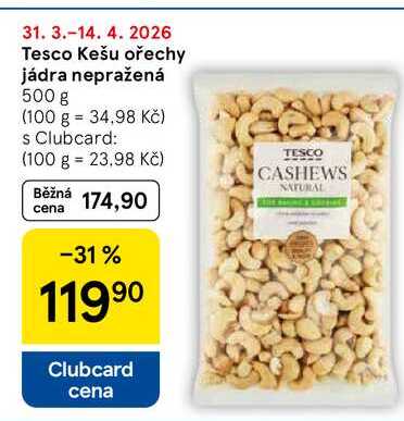Tesco Kešu ořechy jádra nepražená, 500 g