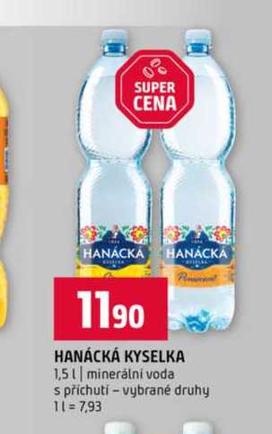 HANÁCKÁ KYSELKA 1,5l minerálni voda s příchutí vybrané druhy 