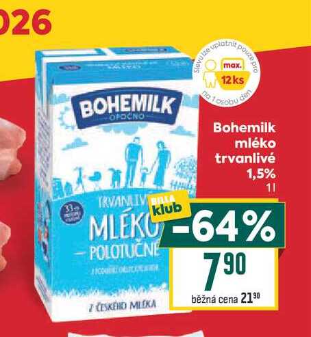 Bohemilk mléko trvanlivé 1,5% 1l