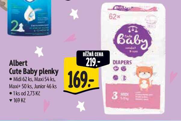 Albert Cute Baby plenky Midi 62 ks, Maxi 54 ks, Maxi+ 50 ks, Junior 46 ks Albert