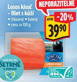 Losos kisuč - filet s kůží, cena za 100 g 