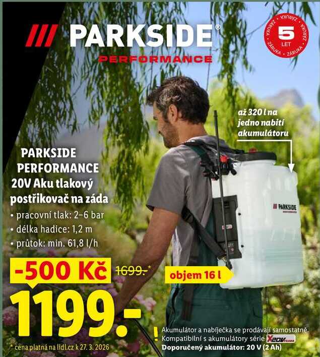 PARKSIDE PERFORMANCE 20V Aku tlakový postřikovač na záda