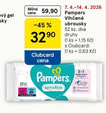 Pampers Vlhčené Ubrousky, 52 ks Tesco