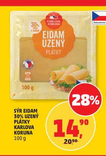 SÝR EIDAM 30% UZENÝ PLÁTKY KARLOVA KORUNA, 100 g  